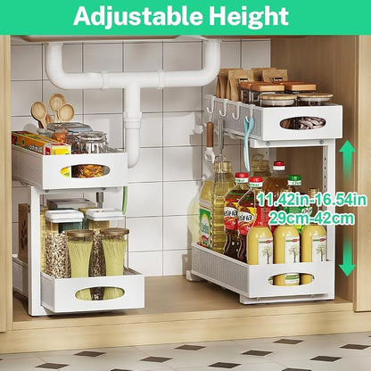 Under Sink Organizer, 2-Tier Pull Out Baskets, White | Rustproof carbon steel, 2 tier mesh sliding drawers, Height adjustable to bypass pipes, For kitchen, bathroom, laundry