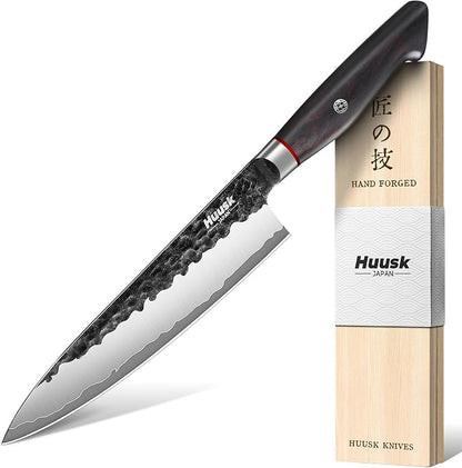 Huusk Professional Japanese Chef Knife - Hand Forged VG10 Kitchen Knives for Meat & Veggie Precise Slicing 8 inch Gyuto with Ergonomic Ebony Handle Premium Wooden Gift Box