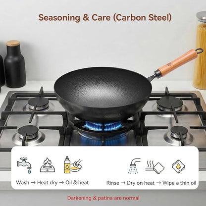 WANGYUANJI 11 Inch Round Bottom Iron Wok, Hand-Hammered Uncoated Wok with Wooden Handle, Traditional Stir-Fry Pan for Gas Stove or Wok Ring, Not for Flat Cooktops