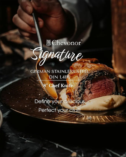 8 Inch Professional Chef Knife, 2.16" Extra Wide Blade German Steel DIN 1.4116, 3mm Thick Ultra Sharp Kitchen Knife with Full Tang Handle & Gift Box ｜Signature