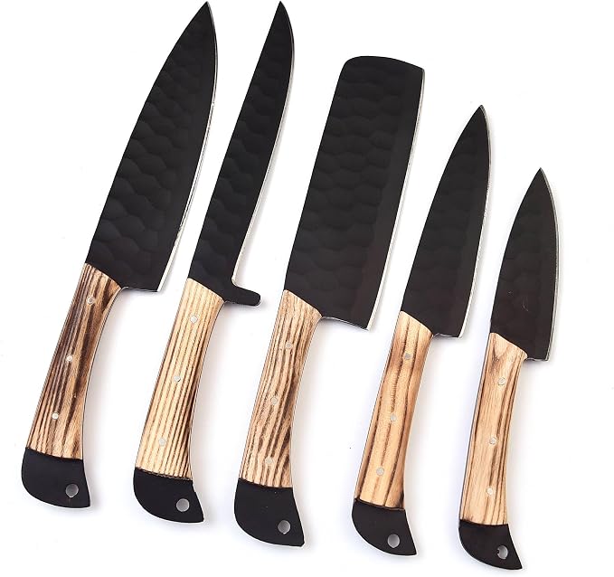 LEONA CRAFT® Hand-Forged Chef Knife Set | Hammered Steel Kitchen Knives with Full-Tang Wood Handles | Professional Cooking Tools for Home or Restaurant | 5-Piece Set with Leather Roll(017)