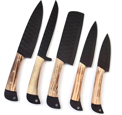 LEONA CRAFT® Hand-Forged Chef Knife Set | Hammered Steel Kitchen Knives with Full-Tang Wood Handles | Professional Cooking Tools for Home or Restaurant | 5-Piece Set with Leather Roll(017)