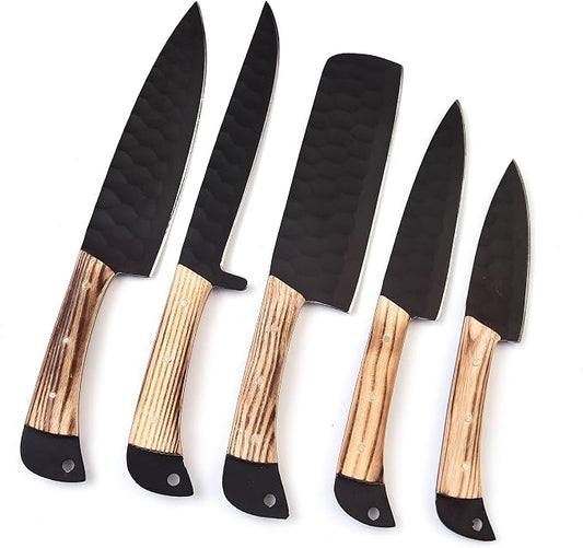 LEONA CRAFT® Hand-Forged Chef Knife Set | Hammered Steel Kitchen Knives with Full-Tang Wood Handles | Professional Cooking Tools for Home or Restaurant | 5-Piece Set with Leather Roll(017)