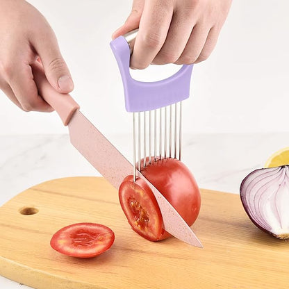 Stainless Steel Onion Holder for Slicing,Onion Slicer Holder, Onion Cutter for Slicing of Onions, Tomatoes,Avocados,Eggs and Other Vegetables,Kitchen Utensils Gift (Purple)