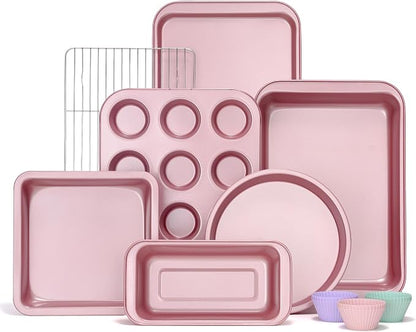 KITESSENSU Baking Pans Sets, Nonstick Bakeware Sets 7-Piece with Round/Square Cake Pan, Loaf Pan, Muffin Pan, Cookie Sheet, Roast Pan, Cooling Rack, Carbon Steel Bake Set Pink