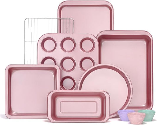 KITESSENSU Baking Pans Sets, Nonstick Bakeware Sets 7-Piece with Round/Square Cake Pan, Loaf Pan, Muffin Pan, Cookie Sheet, Roast Pan, Cooling Rack, Carbon Steel Bake Set Pink