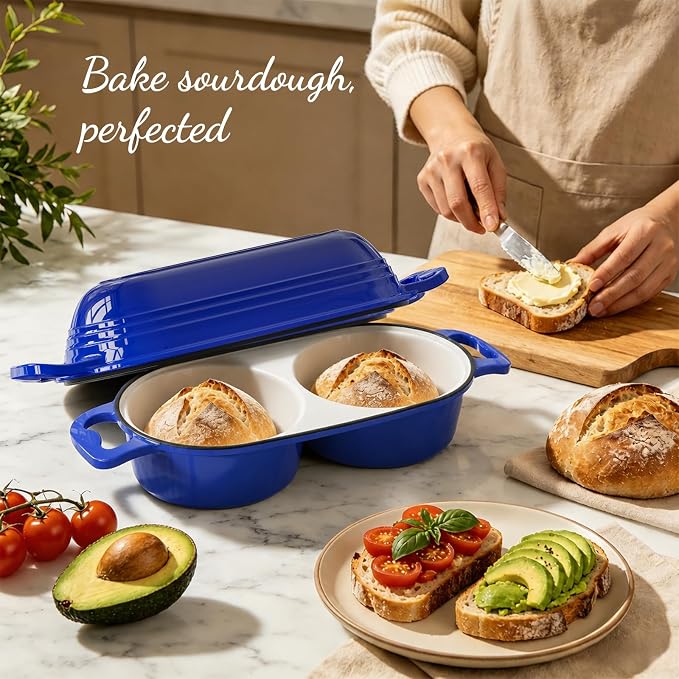 Dutch Oven For Sourdough Bread Baking – Enameled Cast Iron Dutch Oven Pot with Lid, Double Bread Loaf Pan – 500°F Oven Safe Non Stick Bread Pot for Homemade Bread, Meatloaf, Cake, Round Loaf Space, Even Heating–Dark Blue