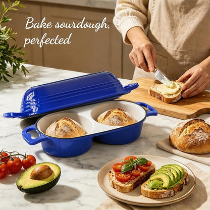 Dutch Oven For Sourdough Bread Baking – Enameled Cast Iron Dutch Oven Pot with Lid, Double Bread Loaf Pan – 500°F Oven Safe Non Stick Bread Pot for Homemade Bread, Meatloaf, Cake, Round Loaf Space, Even Heating–Dark Blue