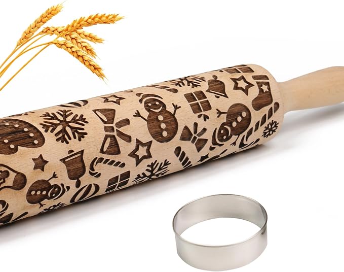 Christmas Embossed Rolling Pin for Baking Cookies Embossing Rolling Pins with Design Wooden Engraved Springerle Roller Pin Dough Patterned Clay Pottery Ceramic Bakers Women Kids (Snowflake & Snowman)