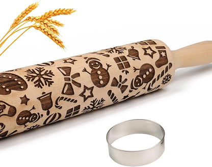 Christmas Embossed Rolling Pin for Baking Cookies Embossing Rolling Pins with Design Wooden Engraved Springerle Roller Pin Dough Patterned Clay Pottery Ceramic Bakers Women Kids (Snowflake & Snowman)