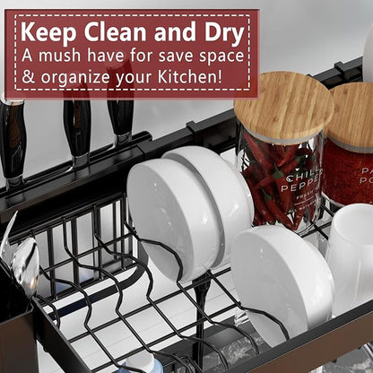 VNKZI Over Sink Dish Drying Rack, 2 Tier Full Stainless Steel Storage Adjustable Length (25.98'' to 36.61'') Kitchen Rack, Multifunctional Expandable Counter Organizer, Space Saver Dish Rack