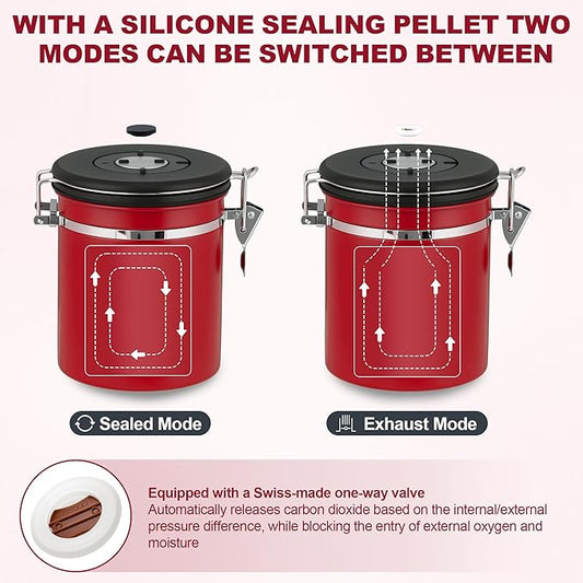 ShanSon Coffee Canister Airtight, Stainless Steel Bean Storage Container with Date Tracker & Scoop, Grounds Sugar Flour Tea Cereal Fits Kitchen Pantry, Ideal Gift for Coffee Lovers,12oz,Red