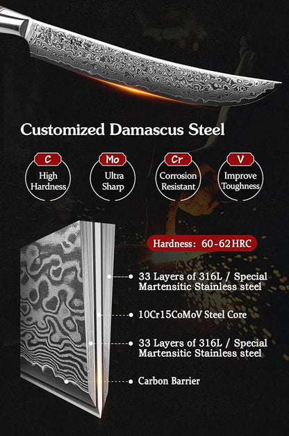 HEZHEN 10-Inch Slicing Knife with Granton Edge –67 Layers Damascus Steel, Professional Carving Knife for Brisket, Roast & BBQ, Figured Sycamore Handle