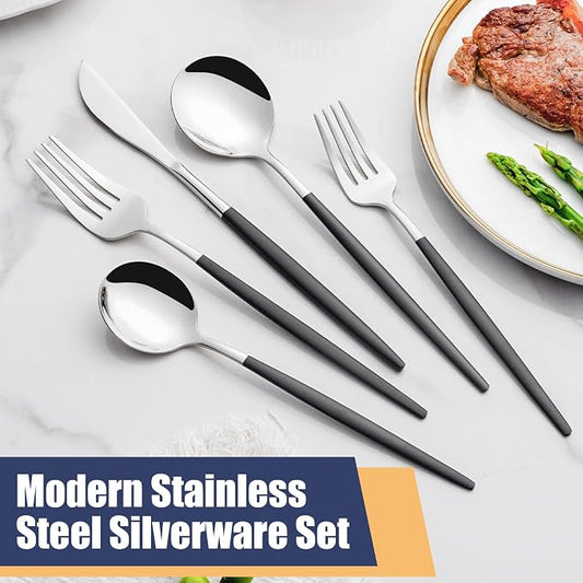 20 Piece Black Silver Silverware Set,Stainless Steel Flatware Cutlery Set Service for 4 Including Forks Spoons Knives,Utensil Set,Tableware for Home and Restaurant, Dishwasher Safe