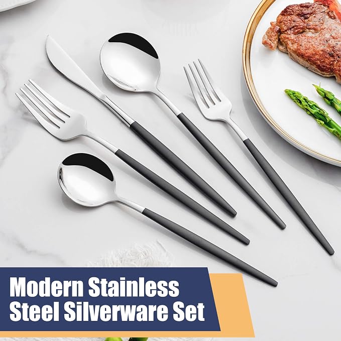 40 Piece Black Silver Silverware Set,Stainless Steel Flatware Cutlery Set Service for 8 Including Forks Spoons Knives,Utensil Set,Tableware for Home and Restaurant, Dishwasher Safe