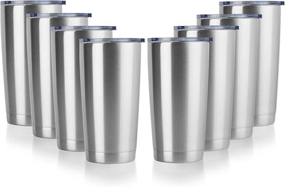 DOMICARE 20oz Stainless Steel Tumbler Bulk with Lid, Double Wall Vacuum Insulated Travel Mug, Powder Coated Coffee Cup, Stainless Steel, 8 Pack