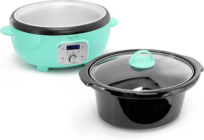 MegaChef 3.7 Quart Oval Electric Digital Slow Cooker with Black Stoneware Crock, Adjustable Timer & Temperature Control, Delay, High, Low & Warm Settings - Versatile Cooking Appliance (Turquoise)