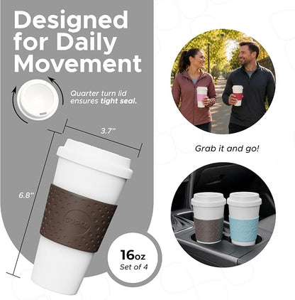 Copco Acadia Travel Mug (4-Pack), 16oz Insulated Coffee Mug with Double-Walled Plastic, Secure Lid - Microwave & Dishwasher Safe, Non-Slip Sleeve, Hot & Cold Drinks - Bright Colors