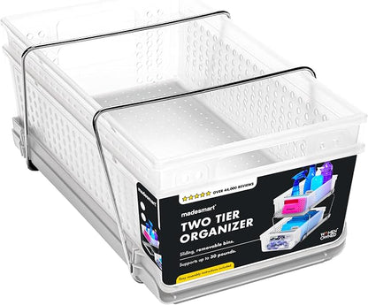 madesmart 2-Tier Organizer Slide-Out Baskets with Handles, Space Saving, Multi-Purpose Storage & BPA-Free, Large, Frost-with Dividers (Pack of 4)