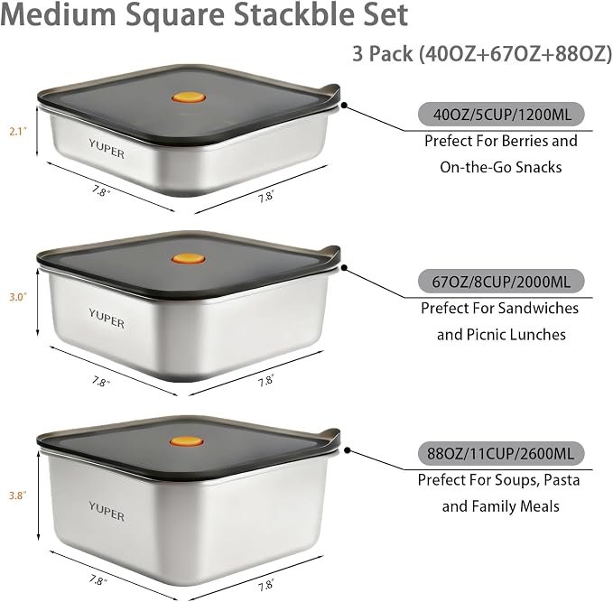 YUPER Stainless Steel Food Storage Containers, Meal Prep Container Sets with Lids, BPA Free, Leak Proof & Airtight, Microwave, Dishwasher, Fridge, Freezer & Oven Safe, 3 Pack (40+67+88OZ)
