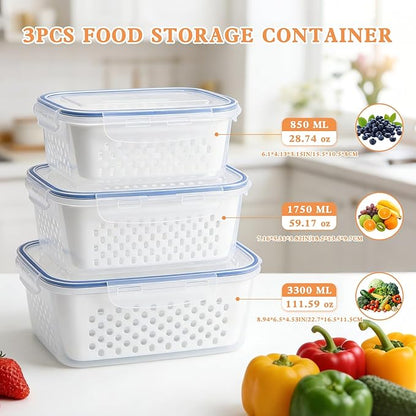 3PC-4 in 1 Food Storage Container, Fruit Storage Containers for Fridge, Produce Storage Containers with Lid and Strainer, Including Drain Basket, Multipurpose Large Fruit Containers for Fridge (White)
