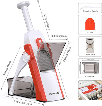 Safe Mandoline Slicer for Kitchen, Adjustable Thickness 0.1-8 mm, 5 in 1 Multi Vegetable Chopper, Potato Slicer, Food Chopper French Fry Cutte, Paring Knife/Cleaning Brush, Mandolin (Tropical orange)