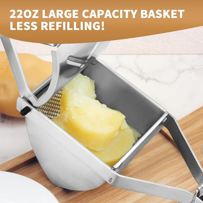 Heavy Duty Potato Ricer, Large 22oz Potato Masher, Stainless Steel Press and Mash Kitchen Gadget for Mashed Potatoes, Spaetzle Maker with Silicone Handle