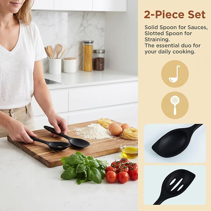 Silicone Kitchen Spoons Set - 2 Pack Heat-Resistant Utensils (Slotted & Solid Spoon) for Cooking, Baking - Non Stick, Dishwasher Safe (Black)