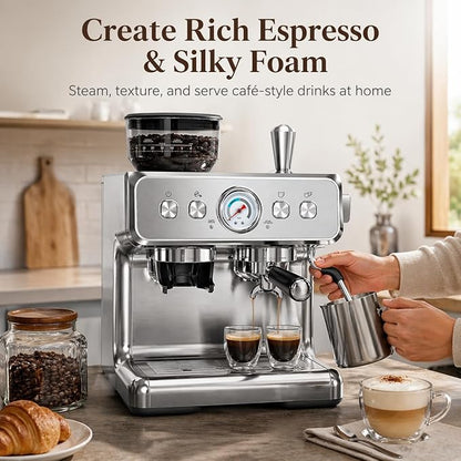 Kismile Espresso Machine with Grinder, 20 Bar Expresso Coffee Machines with Milk Frother, 58mm Expresso Machines for Home, Perfect for Cappuccino & Latte, Stainless Steel(2026 Upgrade)