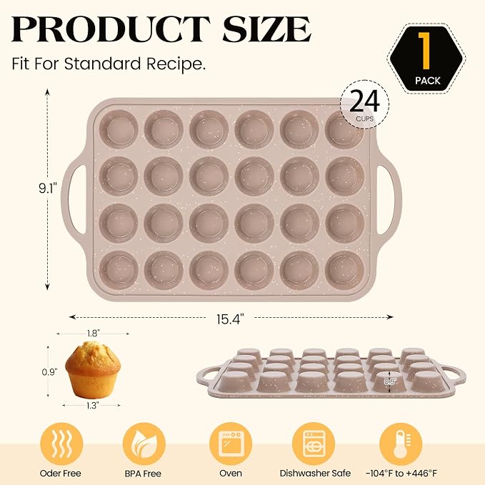 Vinino Mini Silicone Muffin Pans for Baking with Metal Reinforced Frame, 24 Cups Brown Regular Size Nonstick Cupcake Pan, BPA Free Oven Dishwasher Safe Baking Mold for Muffins Cupcakes