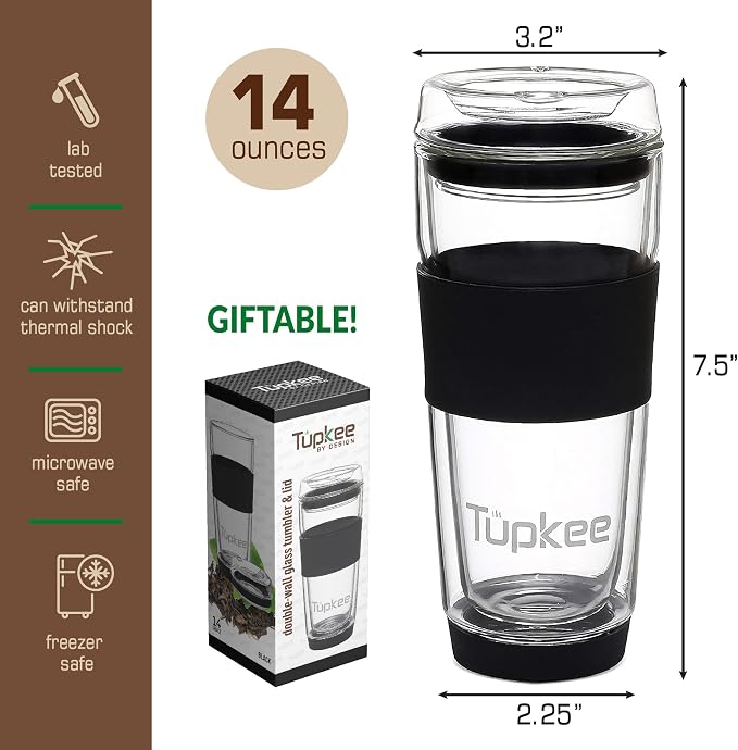 Double Wall All Glass Tumbler - 14-Ounce, Reusable Insulated Tea/Coffee Mug & Lid, Hand Blown Glass Travel Mug - Black - 2 Pack
