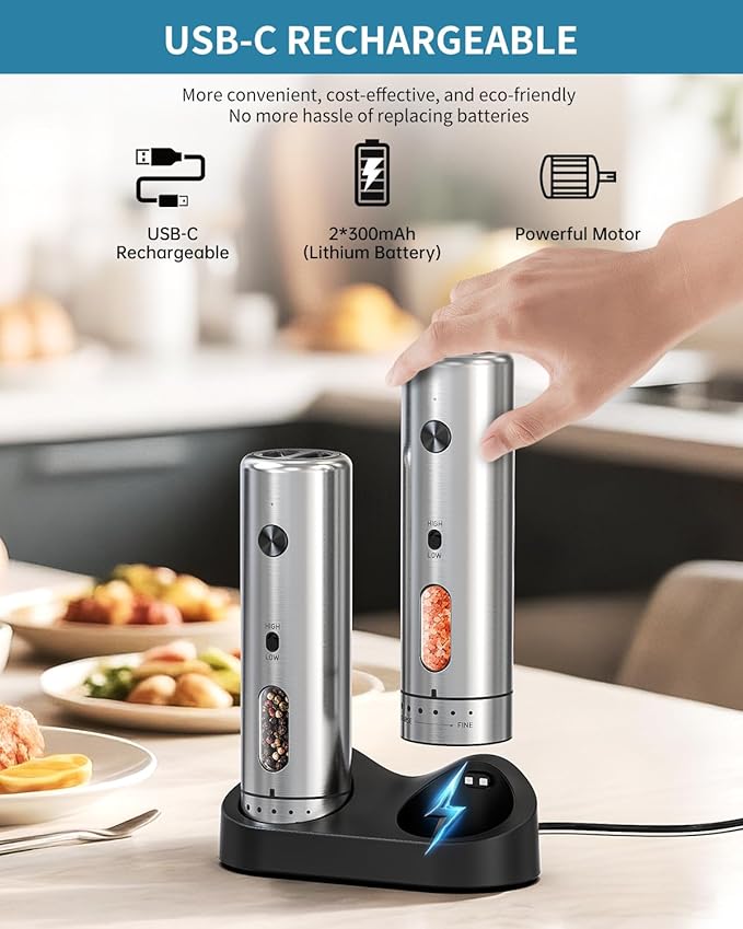 CIRCLE JOY Electric Salt and Pepper Grinder Set with Rechargeable Base Upgraded Stainless Steel Automatic Salt and Pepper Shakers with 2 Grinding Speeds, External Adjustment and 110ml Capacity, Silver