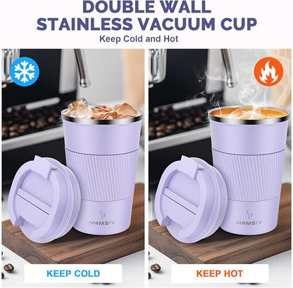 MOMSIV 12oz Travel Mug, Insulated Coffee Cup with Leakproof Lid, Vacuum Stainless Steel Double Walled Reusable Tumbler for Hot and Cold Water Coffee and Tea In Travel and Car
