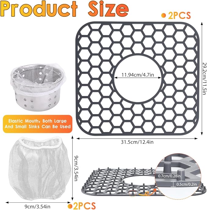 2PCS Silicone Sink Protectors for Kitchen Sink, 12.4" × 11.5" Silicone Sink Mat with 2 Filter Screen, Center Drain Hole, Heat Resistant Non-Slip, Dishwasher Suitable(Dark Gray)