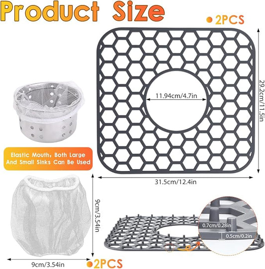 2PCS Silicone Sink Protectors for Kitchen Sink, 12.4" × 11.5" Silicone Sink Mat with 2 Filter Screen, Center Drain Hole, Heat Resistant Non-Slip, Dishwasher Suitable(Dark Gray)