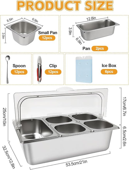 2P Pizza Topping Station 7 Pans Stainless Steel Spice Organizer Salad Bar Buffet Station with Spoons Ice Boxes Buffet Containers Set for Sauce Jam Ingredient Kitchen Restaurant Pantry
