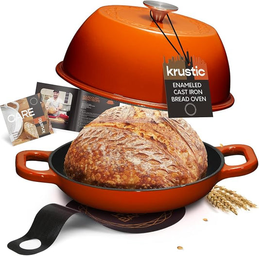Krustic Enameled Cast Iron Dutch Oven for Sourdough Bread Baking | 6 Quart Pot with Lid | 10 Inch Ceramic Enamel Thick Coated Cookware Set with Non Stick Silicone Baking Mat for Cooking | 6 Qt |