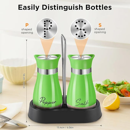 Salt and Pepper Shakers Set, 4 oz Stainless Steel Salt Shaker, Farmhouse Salt Pepper Shaker Containers with Glass Bottom for Kitchen Gadgets Cooking Table, BBQ, Bar, RV, Camp (Green)