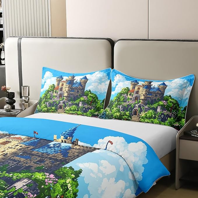 Castle 100% Natural Cotton Duvet Cover Set (No Comforter) King Vintage Fairy Tale Theme Comforter Cover 3 PCS Pixelated Construction Video Games Bedding Set for Bedroom Birthday Gifts