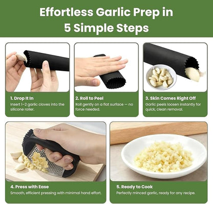 Garlic Press Rocker 304 Stainless Steel Garlic Mincer Crusher Easy to Clean Dishwasher Safe Textured End for Light Tenderizing, with Silicone Peeler and Cleaning Brush (Green)