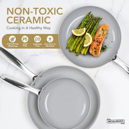 MICHELANGELO Non Stick Frying Pans - 10 Inch Frying Pan Nonstick with Lid, Nonstick Skillet with Lid, Non Toxic Frying Pan, Ceramic-Coated, Beige