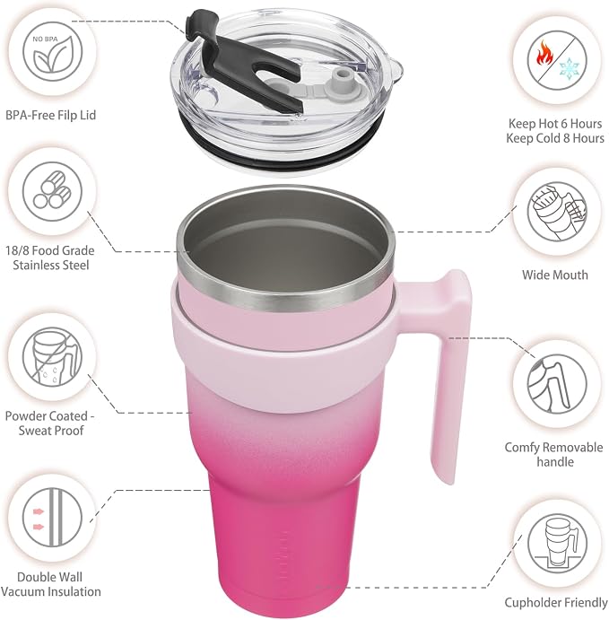 BJPKPK Tumbler With Handle 40oz Stainless Steel Insulated Tumbler Mugs With Lid And Straw For Women And Men,Cherry Blossom