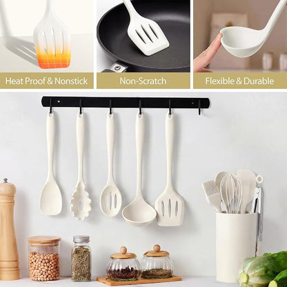 LIANYU 14 Pcs Kitchen Utensils Set with Holder, Silicone Cooking Utensils Spatula Set, Heat Resistant Cookware Tools Includes Spoon Turner Whisk Tong, Dishwasher safe, Cream White