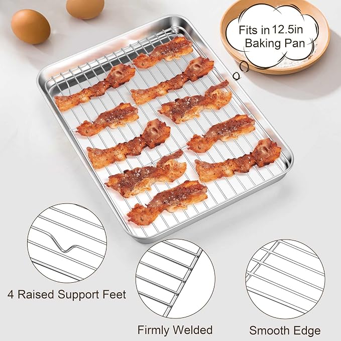TeamFar Stainless Steel Baking Sheet, 12.5inch Baking Pans Cookie Sheets for Baking with Cooling Rack & Silicone Baking Mat - 2 Sheet Pans + 2 Roasting Racks + 2 Silicone Mats, Non Toxic, Easy Clean