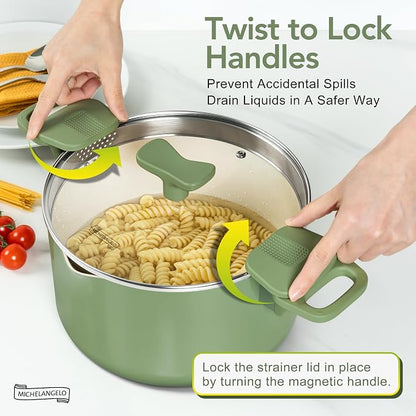 MICHELANGELO Pasta Pot with Strainer Lid - 6 Quart Cooking Pot with Lid, Non Stick Spaghetti Pot Ceramic Coated with Twist and Lock Handles for Easy Draining, Induction Compatible, Roden Green