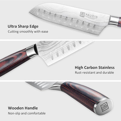 PAUDIN Santoku Knife, Chef Knife 5 inch Ultra Sharp Kitchen Knife, Japanese Chef Knife with Sheath, High Carbon Stainless Steel, Ergonomic Pakkawood Handle