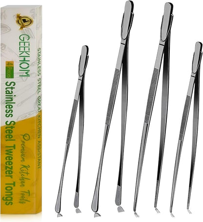 GEEKHOM 4-Piece 12 & 10-Inch Cooking Tongs: Professional Stainless Steel Scissor Tongs Set with Non-Slip Grip (Black)