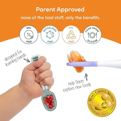 NumNum Baby Spoons Set, Baby Essentials Pre-Spoon GOOtensils for 6+ Months, First Stage Self-Feeding Spoons for Baby Led Weaning (BLW), Silicone Toddler Utensils, BPA-Free, 2 Pack Red/Orange