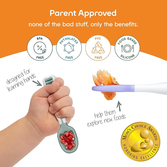 NumNum Baby Spoons Set, Baby Essentials Pre-Spoon GOOtensils for 6+ Months, First Stage Self-Feeding Spoons for Baby Led Weaning (BLW), Silicone Toddler Utensils, BPA-Free, 2 Pack Blue/Green