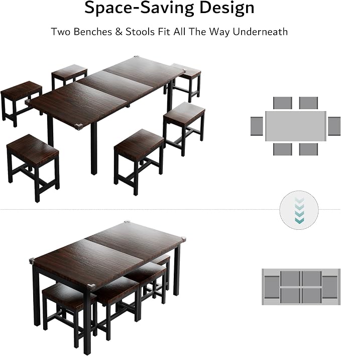 iPormis 7-Piece Dining Table Set with 6 Stools, 63" Extendable Kitchen Table Set for 4-8, Modern Dining Room Table with Sturdy Metal Frame, Space-Saving Dinette, Espresso